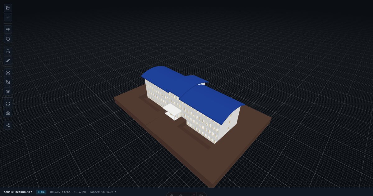 IFC building model loaded in the browser BIM viewer, with the toolbar and the status bar visible