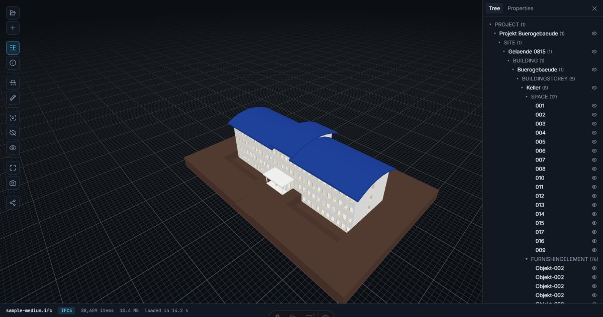 Model tree in the BIM viewer with the spatial hierarchy expanded, used to jump between storeys