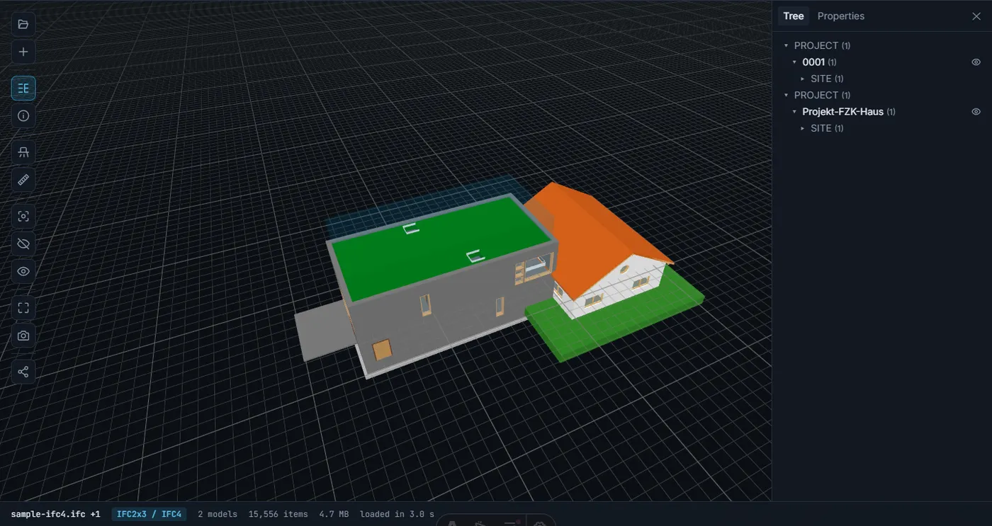 BIMViewer with two federated models — Duplex (IFC2x3) and FZK Haus (IFC4) — and the model tree showing both projects