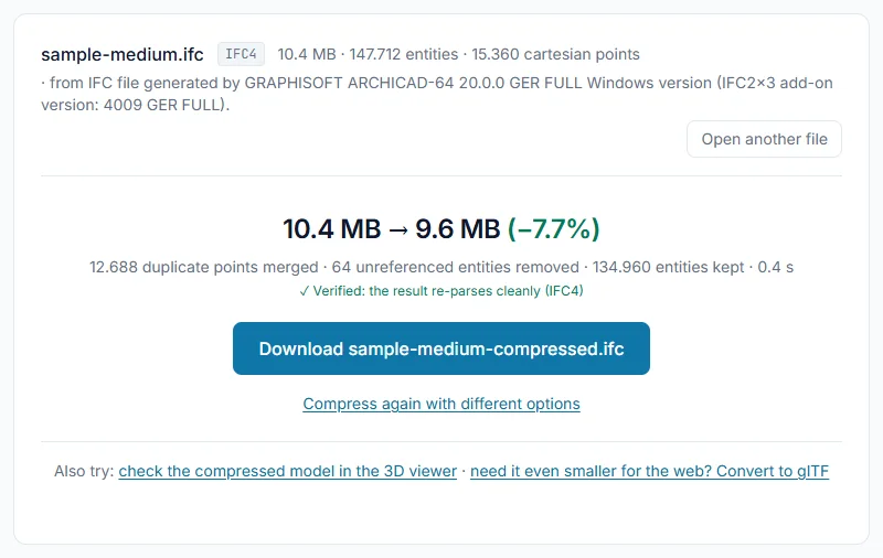 Slimmed BIM model after compression: duplicate geometry points merged, orphaned entities swept, output verified