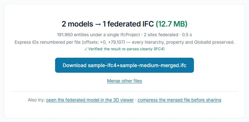 BIM federation result: two discipline models combined into one IFC file under a single IfcProject