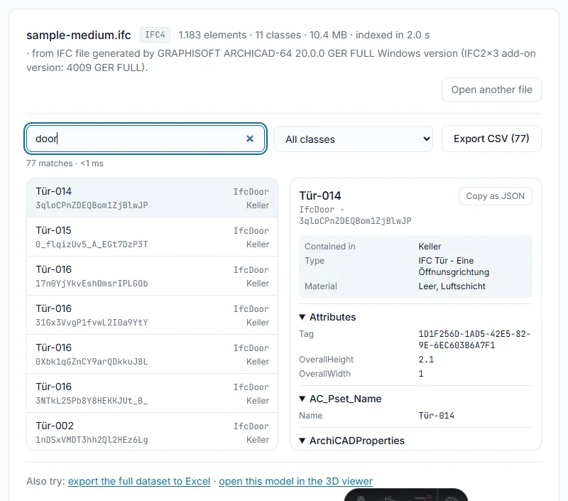 BIM data explorer listing matching elements with their attributes, property sets and quantities