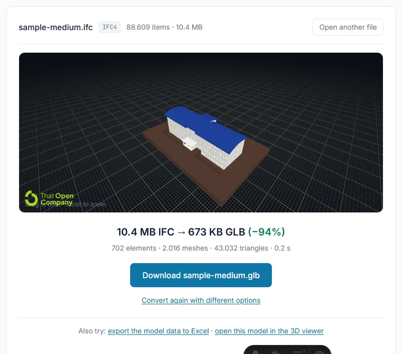Finished BIM-to-glTF conversion with the interactive preview and the .glb ready to download